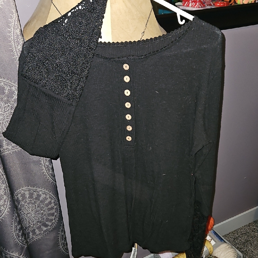 Black Long Sleeve Top with Button Detail